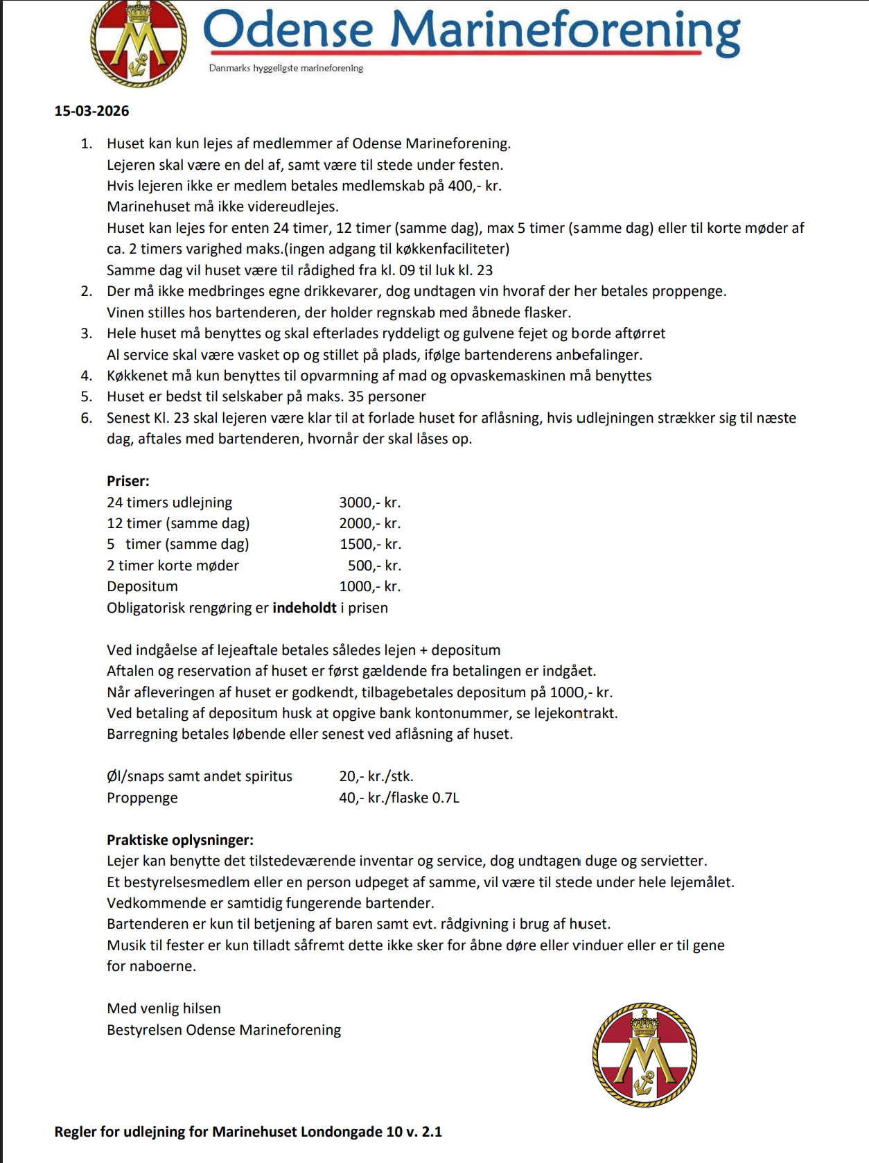 Regler for udlejning af Marinehuset